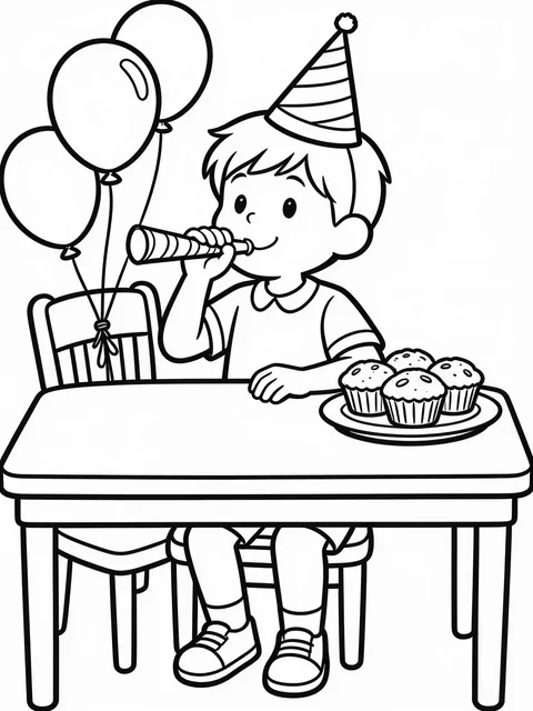 Barn blåser partytutor vid frukost