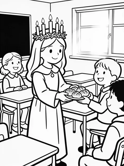Lucia delar ut lussebullar i klassrummet