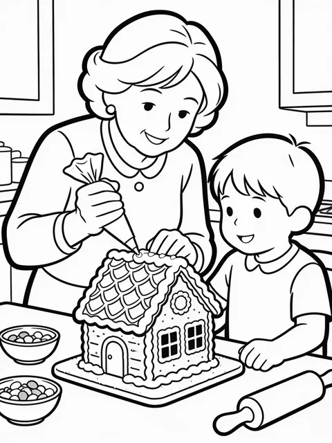Mormor och barnbarn bygger pepparkakshus