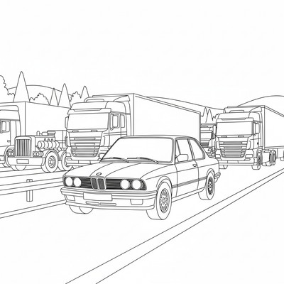 BMW på motorväg bland lastbilar