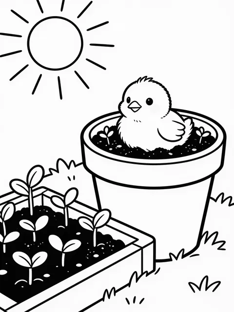 Påskkyckling sitter i en stor blomkruka
