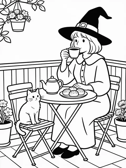 Påskkärring dricker kaffe i trädgården