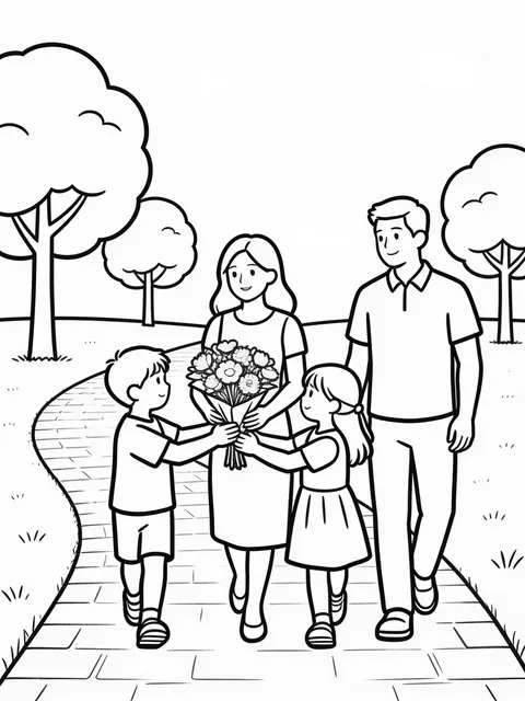 Familj promenerar i parken på mors dag
