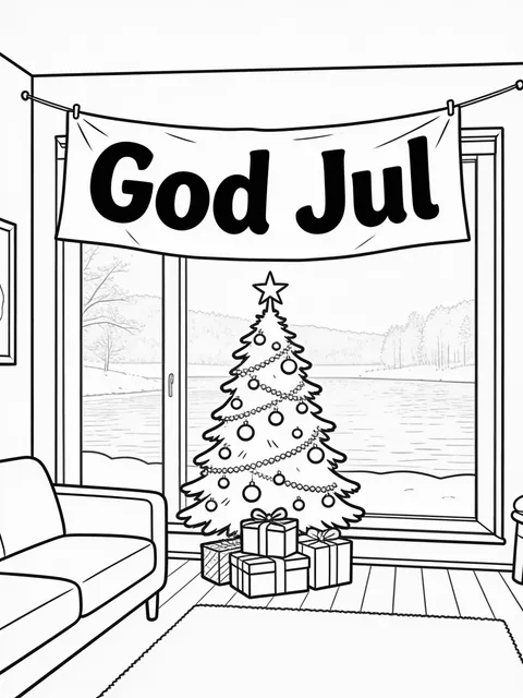 God Jul på banderoll i vardagsrummet