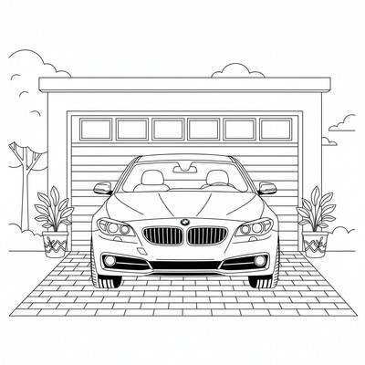 BMW parkerad framför ett garage