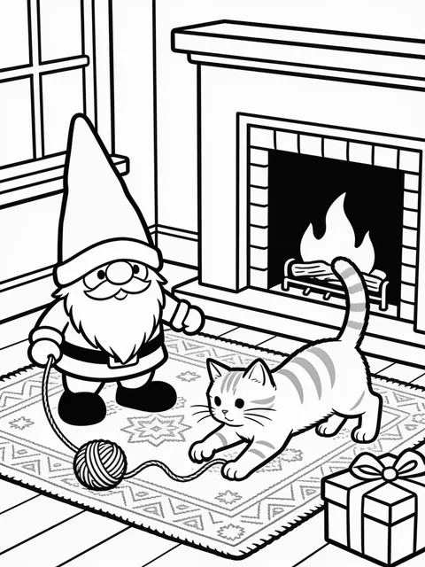Tomtenisse leker med katten inomhus