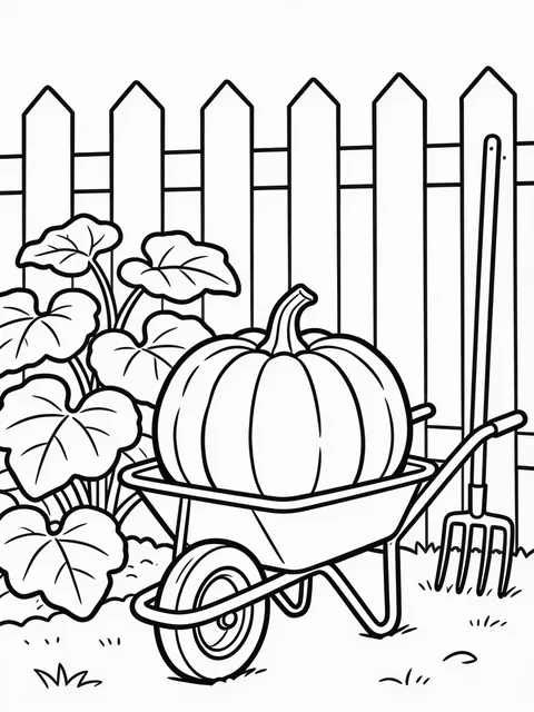 Pumpa i skottkärra i trädgården