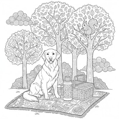 Golden retriever på picknickfilt med korg, termos, träd och moln; en ekorre i ett träd