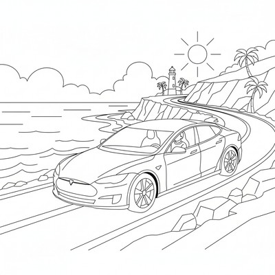 Tesla som kör längs kustväg