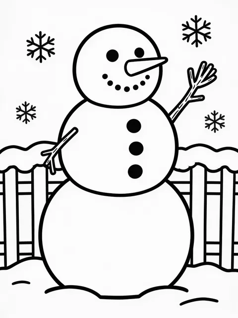 Snögubbe vinkar med en kvistarm