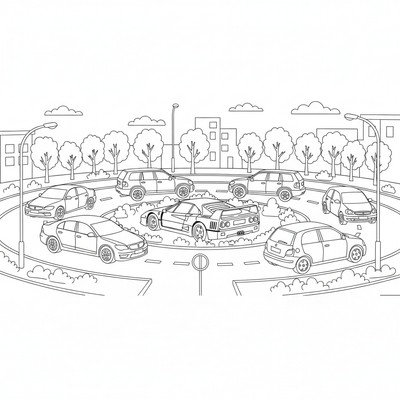 Ferrari i rondell bland andra bilar