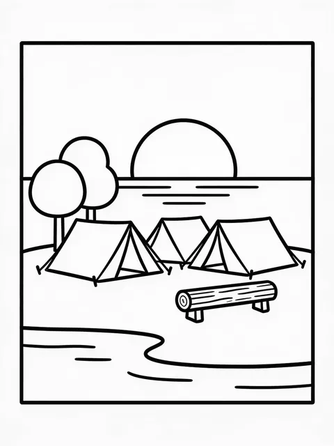 Solnedgång bakom en camping med tält