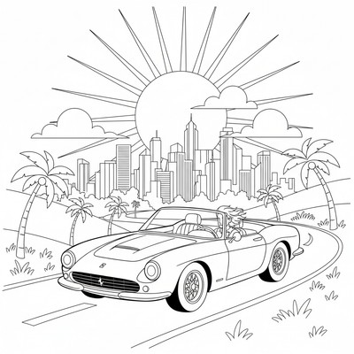 Ferrari vid solnedgång över stad