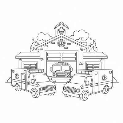 Två ambulanser vid en brandstation