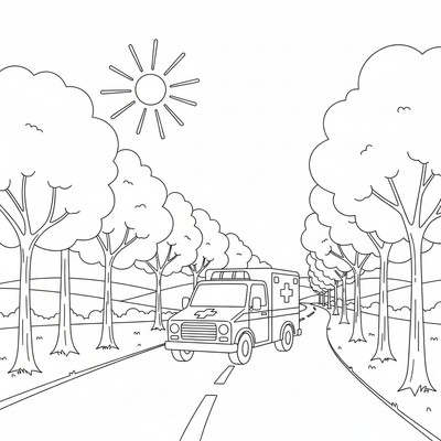 Ambulans som kör på landsväg med träd längs sidan