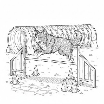 Border collie som hoppar över agilityhinder med koner och en tunnel i bakgrunden
