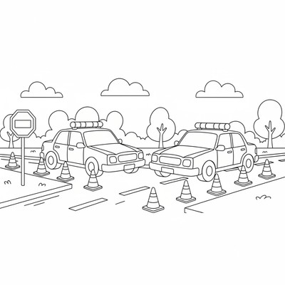 Två polisbilar vid vägspärr med koner