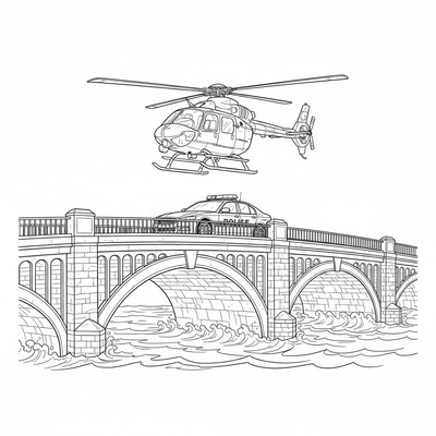 Polisbil på bro med helikopter ovanför