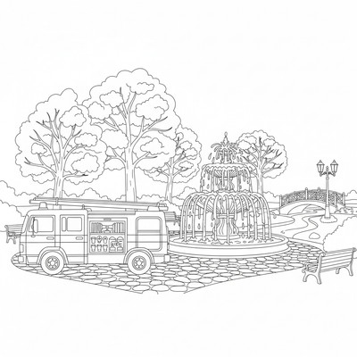 Brandbil vid fontän i park