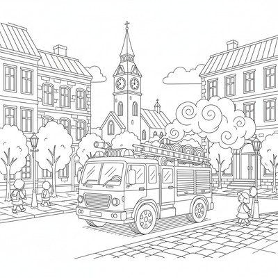 Brandbil som kör genom stadsgata