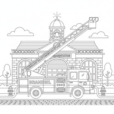 Brandbil parkerad framför brandstation