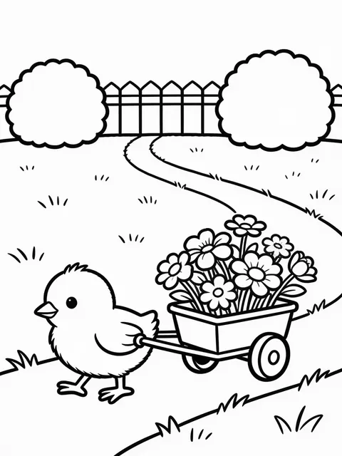Påskkyckling drar en liten kärra med blommor