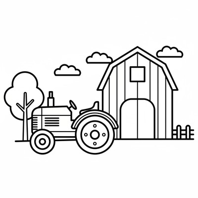 Traktor parkerad vid ladugård