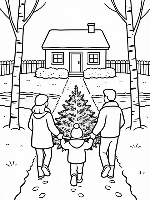 Familj bär hem julgranen genom snön