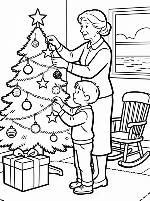 Farmor och barnbarn pyntar julgranen