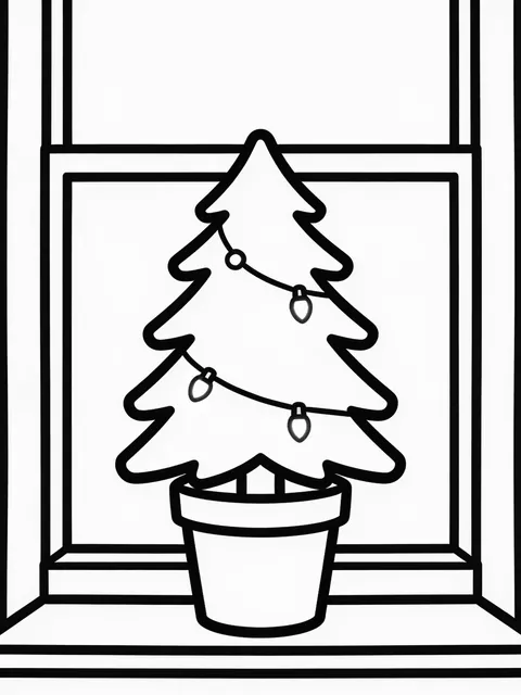 Liten julgran i kruka på fönsterbrädan
