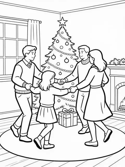 Familj dansar runt julgranen