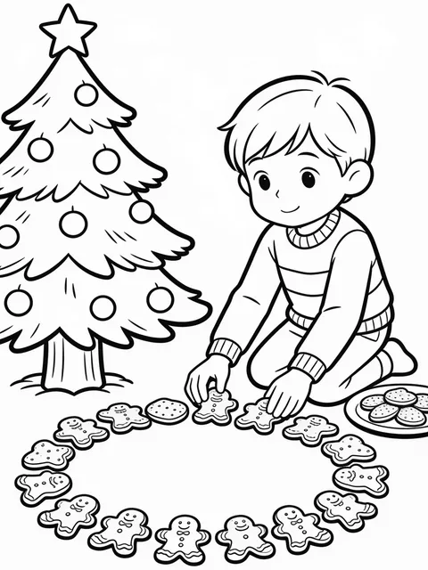 Barn lägger pepparkakor runt julgranens fot