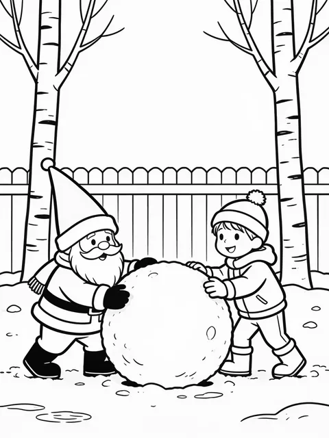 Tomten bygger snögubbe med barn