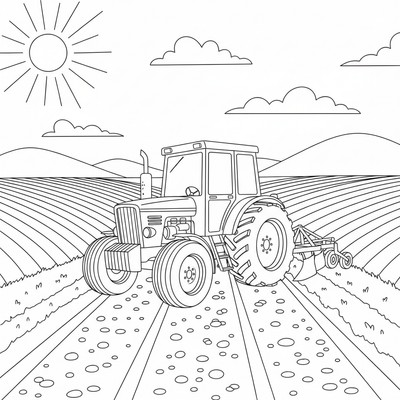 Traktor på grusväg mellan åkrar