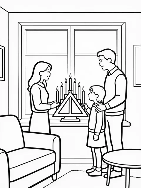 Familj tänder adventsljusstaken hemma