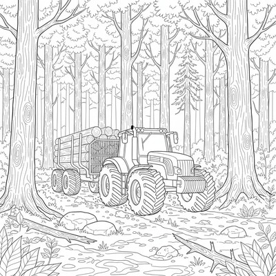 Traktor som kör genom skog med timmer