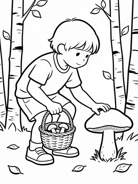 Barn plockar svamp i skogen