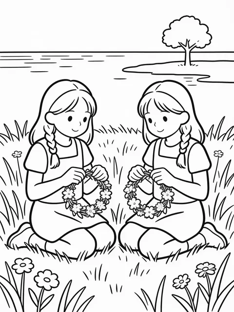 Flickor flätar blomkransar på ängen