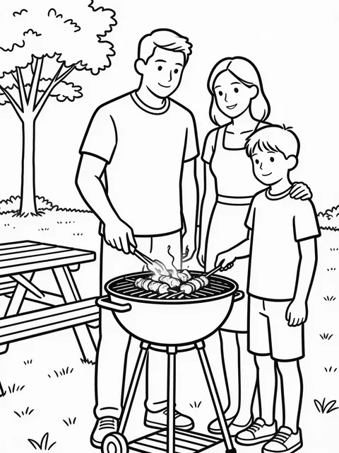 Familj grillar i trädgården