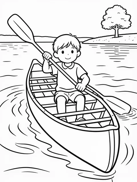 Barn paddlar kanot på lugn sjö