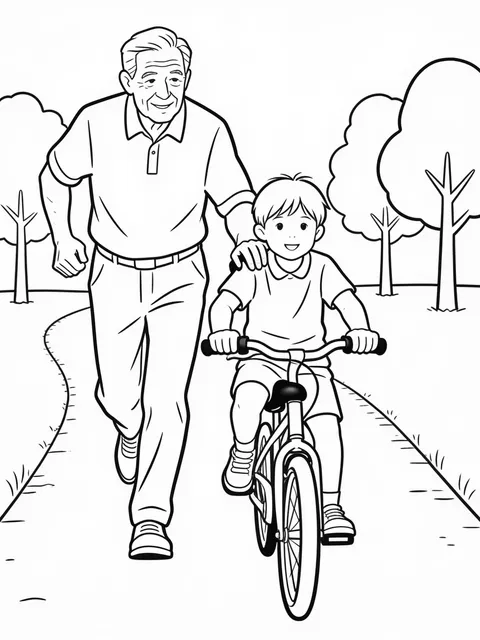 Farfar lär barnbarnet cykla utan stödhjul