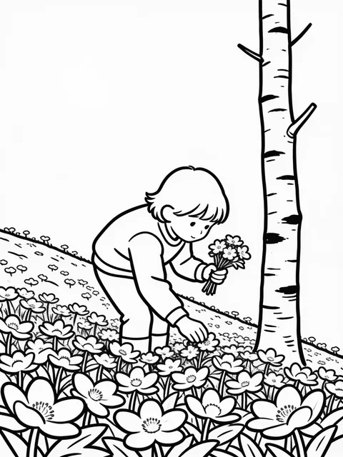 Barn plockar vitsippor i backen