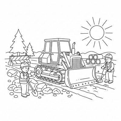 Bulldozer på vägbygge med arbetare runtom