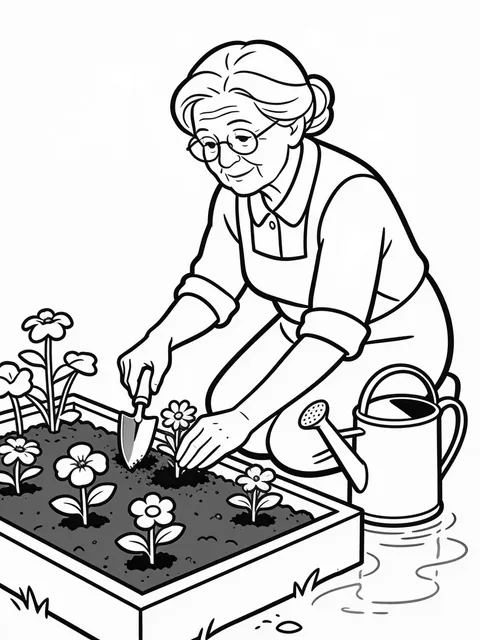 Farmor planterar blommor i trädgården