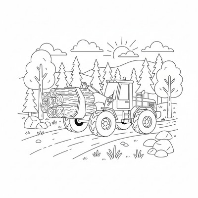 Hjullastare på skogsväg med timmer