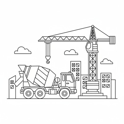 Cementbil parkerad bredvid kran