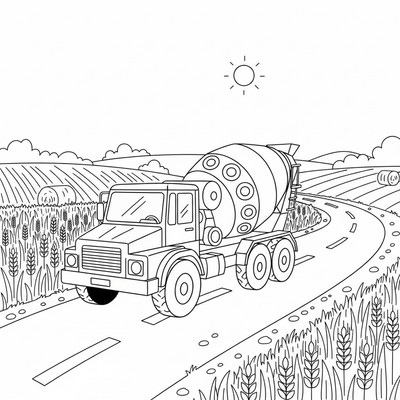 Cementbil på landsväg mellan åkrar