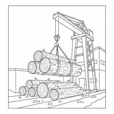 Lyftkran som flyttar trästockar