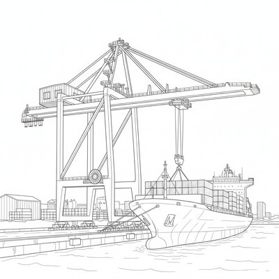 Lyftkran vid hamn med fartyg i bakgrunden