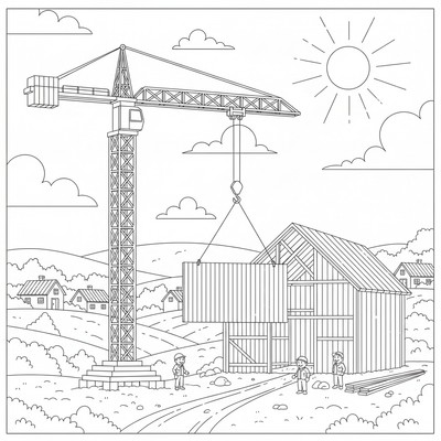 Lyftkran på landsbygd som bygger ladugård